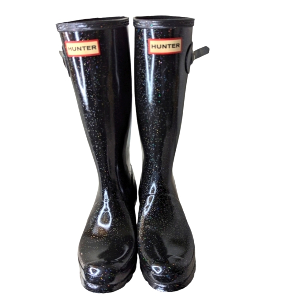 Hunter Girls Original Tall Rain Boots Starcloud Glitter Black Big Kids Size 5
